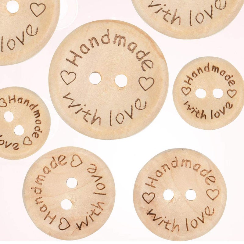 FOCCTS 150 Pcs Wooden Handmade Buttons  2 Holes Wooden Sewing Buttons  Assorted Wooden Handmade with Love Buttons for Sewing Clothing Accessories(15-20-25mm) - Image 3